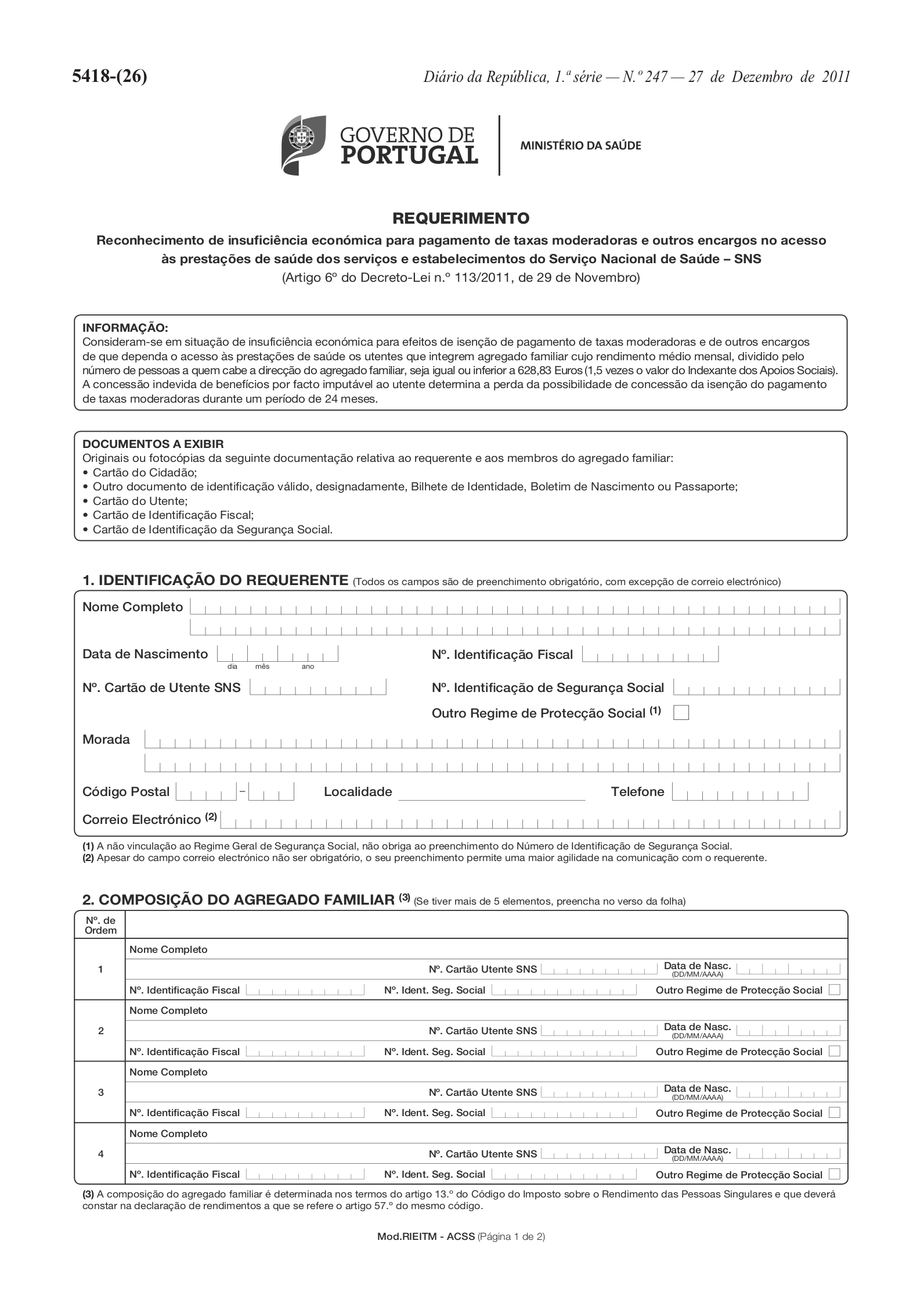 Requerimento Insuficiência Económica Taxas Moderadoras 2012 - Página 1